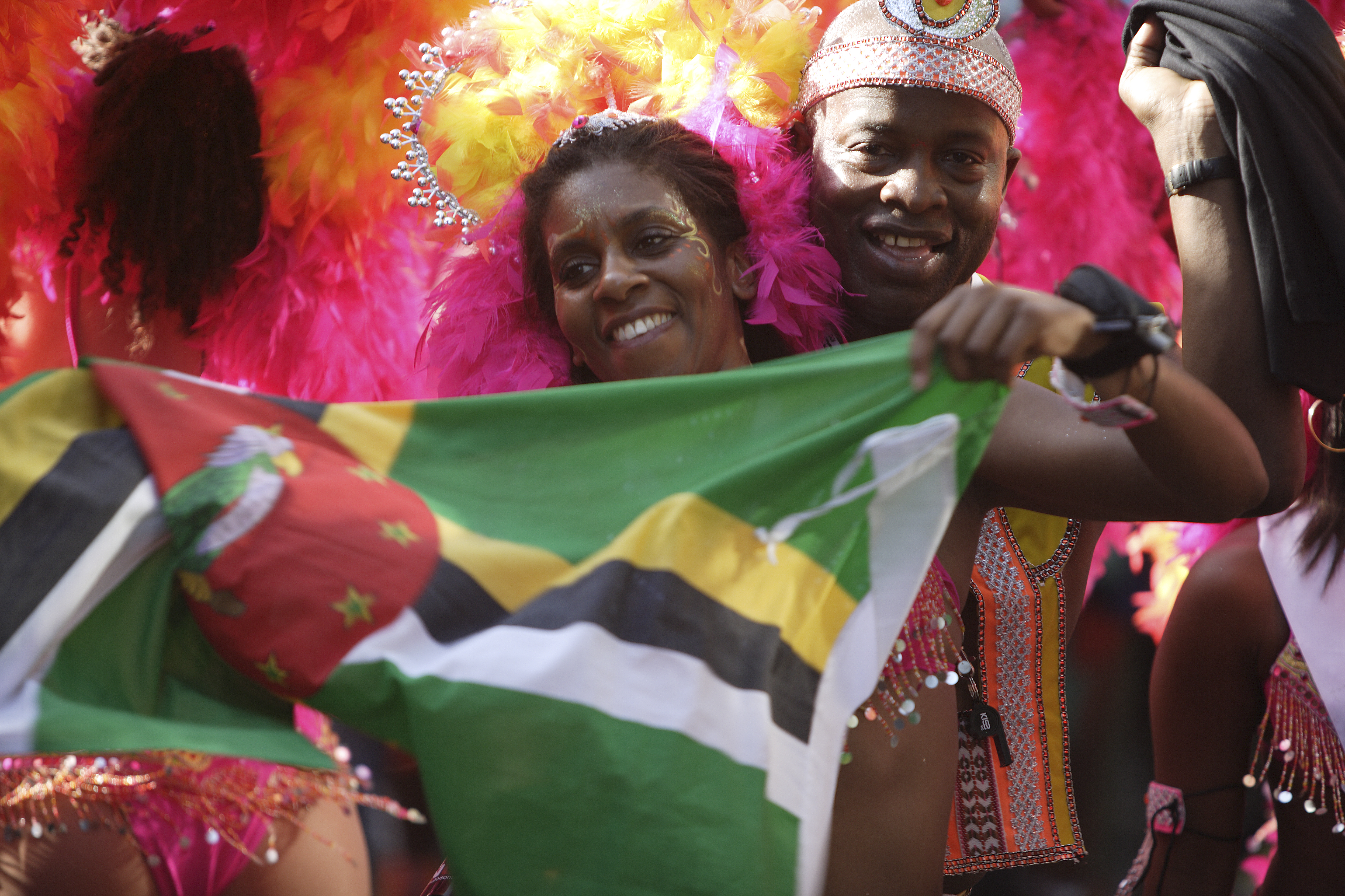 Participant wearing festive costume at Notting Hill Carnival, Notting Hill, London, London, England.