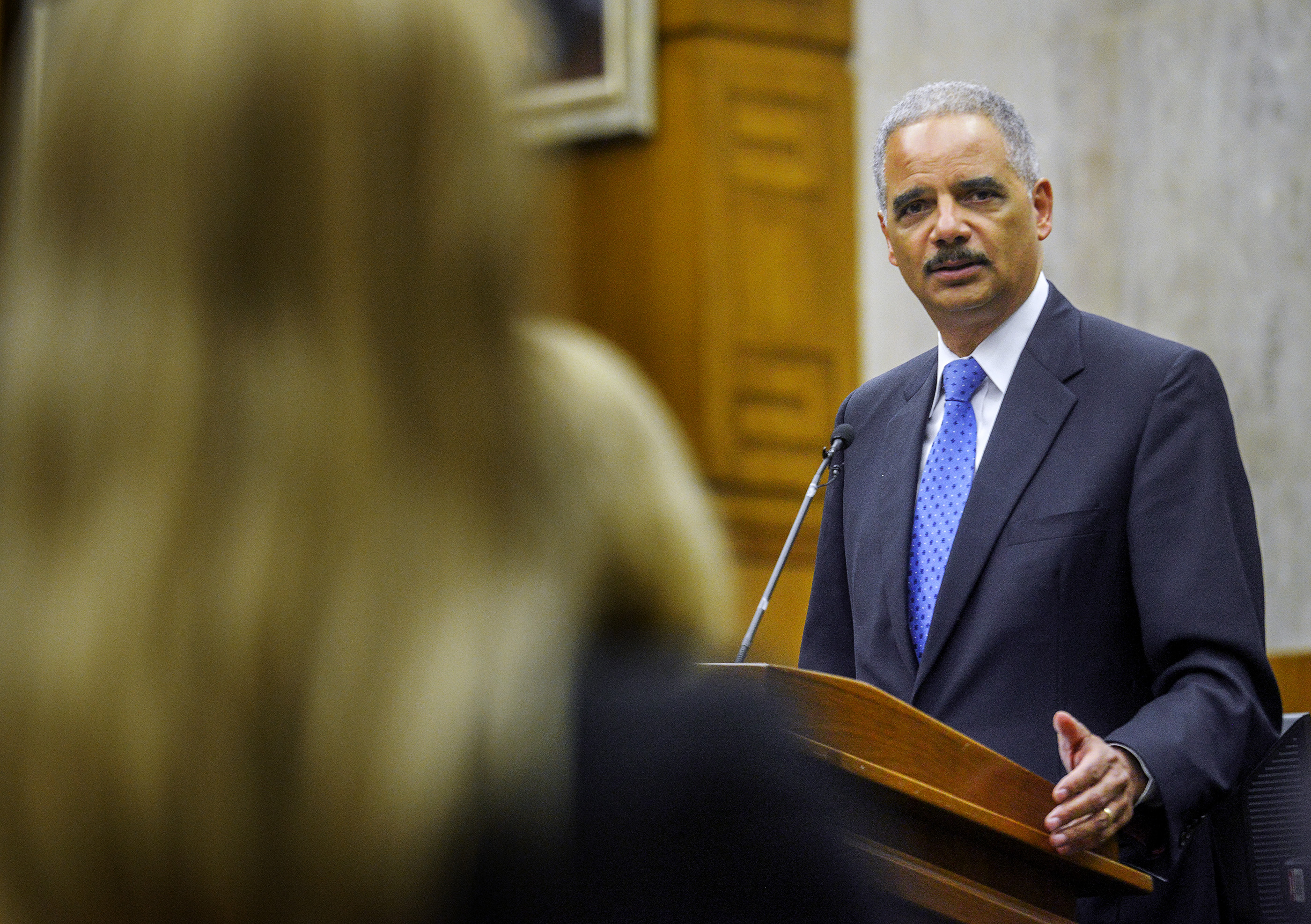 Forner Attorney General Eric Holder delivers a speech at the 7th annual Judge Thomas Flannery Lecture on the Administration of Justice at U. S. District court in Washington, DC.