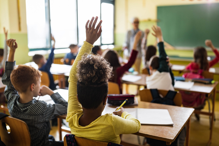 Rear view of elementary students raising hands on a class.